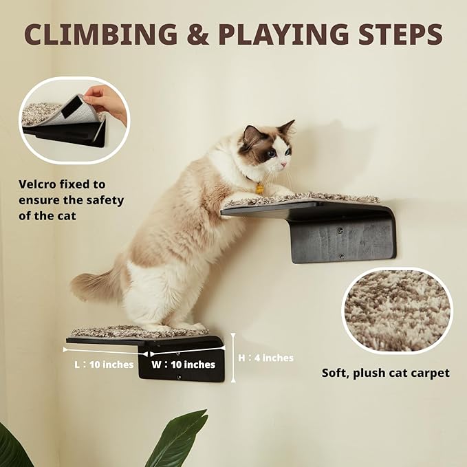 2 Set Cat Wall Steps - Wooden Cat Climbing Shelf for Wall - Cats Wall Stairs with Scratching Mat - Wall Mounted Cats Furniture for Jumping, Playing, and Lounging, Walnut-PurrikoPets
