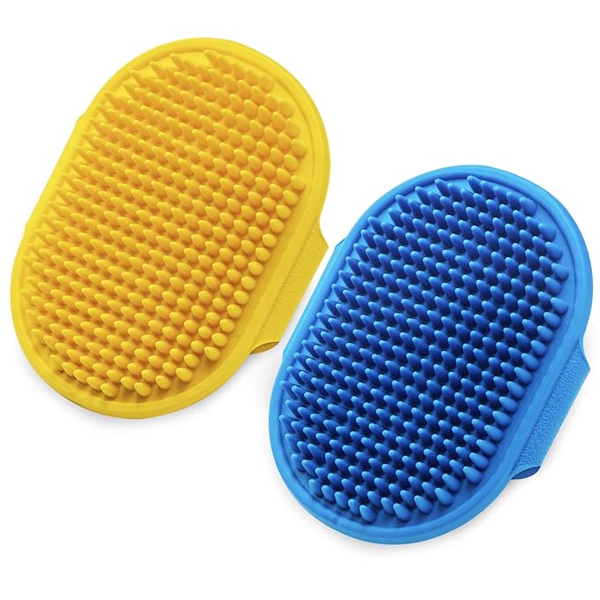 Dog Grooming Brush, Lilpep Pet Shampoo Bath Brush Soothing Massage Rubber Comb with Adjustable Ring Handle for Long Short Haired Dogs and Cats (Blue+Yellow, pack of 2)-PurrikoPets