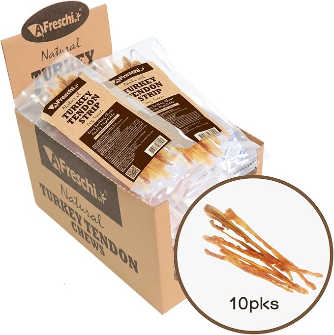 Afreschi Natural Turkey Tendon Strip 10 Units/Box, All Natural Human Grade Puppy Chew, USA-Sourced Turkey Tendon, Hypoallergenic, Easy to Digest, Rawhide Alternative-PurrikoPets