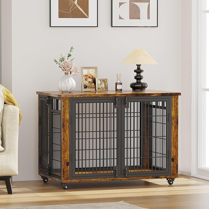 EasyCom 90% Pre-Assembled 33" Small and Meidum Dog Kennel Indoor Furniture, Wooden Dog Crate Furniture with Top-Access Teasing/Feeding Doors, for Medium and Small Breed, with Wheels Moveable-PurrikoPets