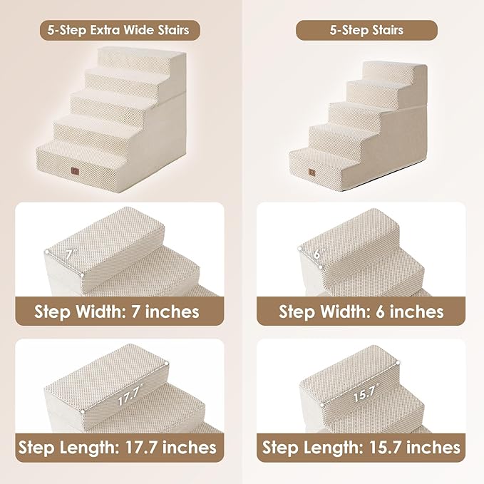 EHEYCIGA Dog Stairs for High Bed 25" H, 5-Step Extra Wide Dog Steps for Bed, Pet Steps for Small Dogs and Cats, Non-Slip Balanced Pet Ramp Indoor, Beige-PurrikoPets