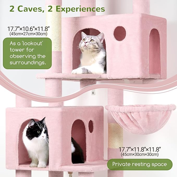 Globlazer Pink Cat Tree, 70 inch Tall Scratching Tower Multi-Level Cat Condo for Indoor Multiple Cats with 2 Large Cat Caves, Top Perch, Large Platform, Bottom Swing, F70B, Pink-PurrikoPets
