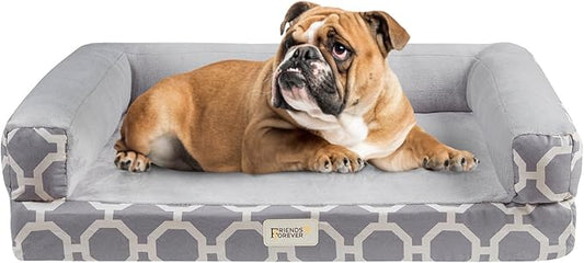 Friends Forever Harper Memory Foam Orthopedic Dog Bed, Calming Couch For Indoor Pet With Bolster, Machine Washable Extra Soft Faux Suede Removable Cover, Plush Crate Mat, 36x28x9", Grey-PurrikoPets