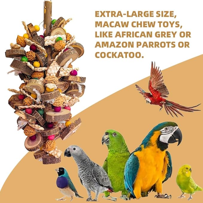 Extra Large Bird Parrot Toys- 21.7 inch Multicolored Natural Wooden Walnut Parrot Chewing Toy Suggested for Macaws cokatoos, African Grey and a Variety of Amazon Parrots. (Large Size)-PurrikoPets