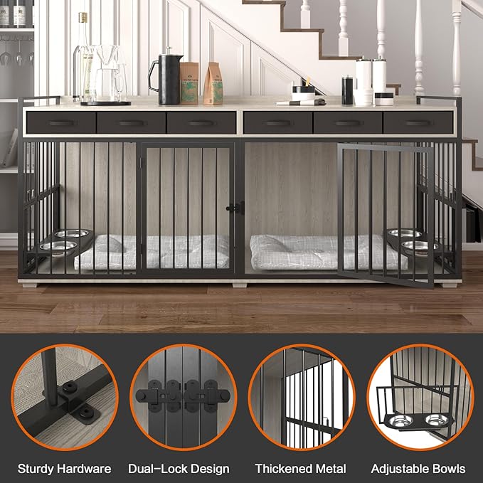 86.6inch Dog Crate Furniture with Storage,Furniture Style TV Stand Dog Kennel for 2 Dogs,with 6 Drawers,Removable Divider&Adjustable Bowls,Heavy Duty Metal Chew-Resistant Dog Crate Furniture-PurrikoPets