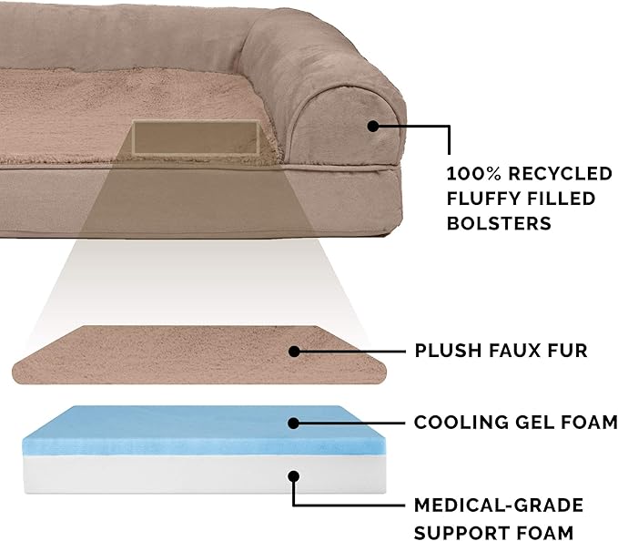 Furhaven Cooling Gel Dog Bed for Large Dogs w/ Removable Bolsters & Washable Cover, For Dogs Up to 125 lbs - Plush & Suede Sofa - Almondine, Jumbo Plus/XXL-PurrikoPets