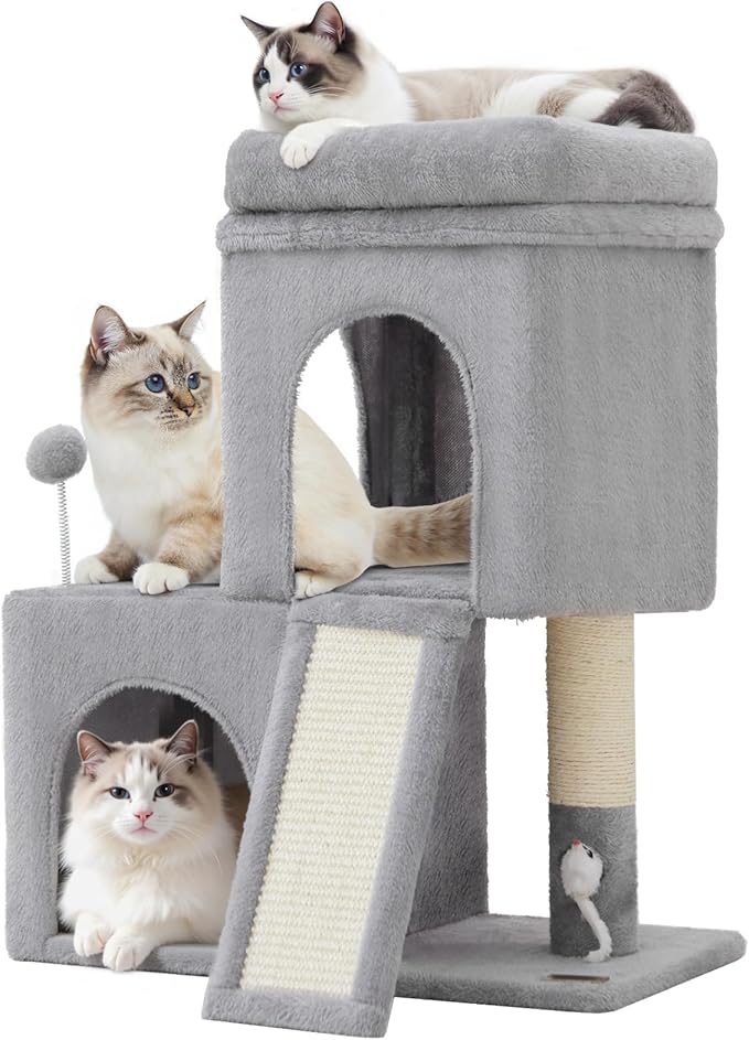 24inch Tall cat Tree with 2 cat condo and Mouse Toy Cozy Small cat Tower with Scratching Post and Board for Kitties and Small Cats.（Light Grey）-PurrikoPets