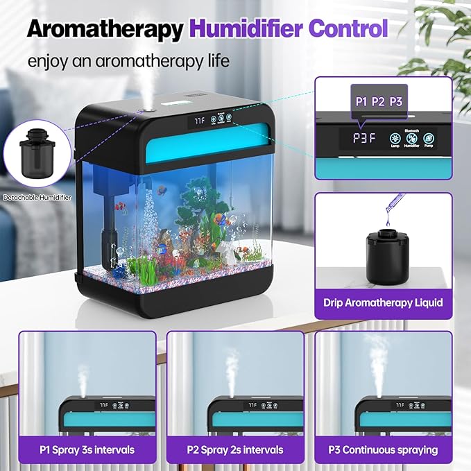 Fish Tank 2.2 Gallon Fish Aquarium with Music Humidifier 7 Color Auto-Looping Light Adjustable Water Pump with Filtration & Aeration & Circulation, Temperature Display, Bottom Water Changer-PurrikoPets