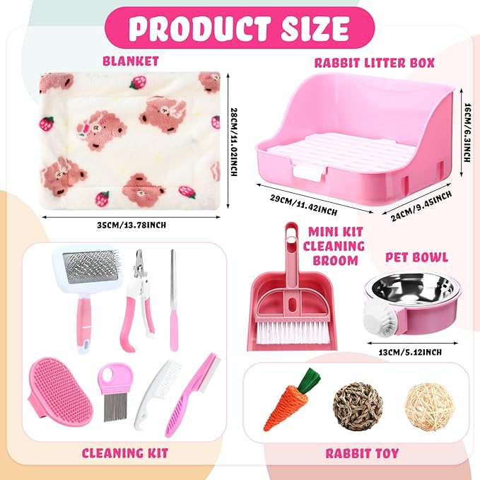 15 Pcs Rabbit Starter Kit Small Rabbit Litter Box Animal Grooming Kit Bunny Toys Bowl Blankets with Cleaning Set for Guinea Pig Accessories(Pink)-PurrikoPets