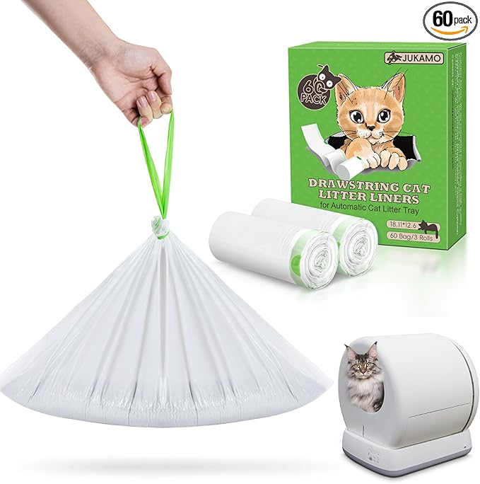 60 Pack Cat Litter Box Liners for Meo Want SC01, MW-SC02, MW-LR01,1.5 Mil Thick Drawstring Heavy Duty Leak-proof Disposable Smart Self-Cleaning Litter Box Robot Waste Drawer Trash Bags 18" x 12.6"-PurrikoPets