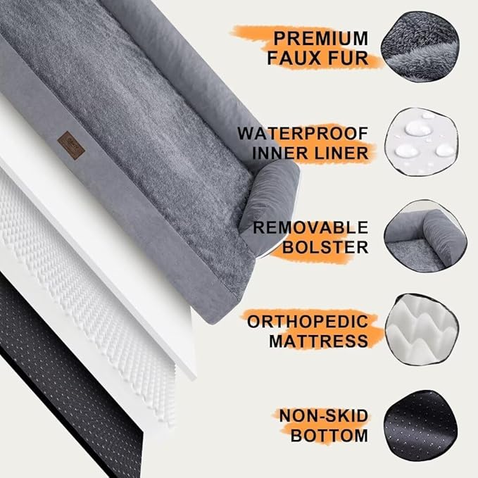 Extra Large Dog Bed-Orthopedic Waterproof XL Dog Bed for XLarge Extra Big Dogs - Foam Couch Sofa Washable with Removable Cover-Grey-PurrikoPets