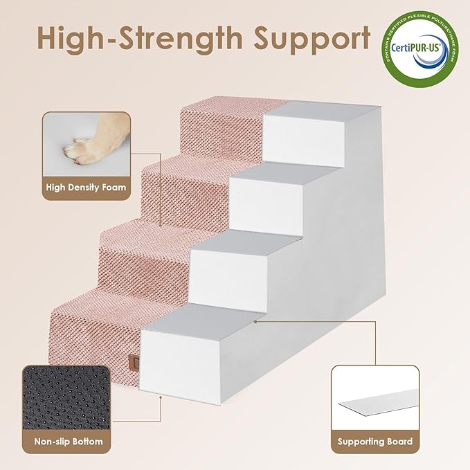 EHEYCIGA Dog Stairs for Bed 20" H, 4-Step Extra Wide Dog Steps for High Bed, Pet Steps for Small Dogs and Cats, Non-Slip Balanced Pet Ramp Indoor, Pink-PurrikoPets