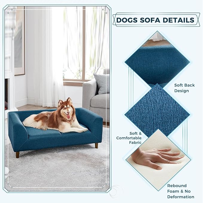 Dog Sofa Couch for Medium to Large Dogs, Memory Foam Dog Sofa Bed, Modern Elevated Pet Couch Bed with Wooden Legs, Light Grey-PurrikoPets