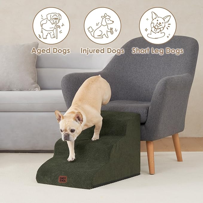 EHEYCIGA Curved Dog Stairs Ramp for Small Dogs 15.7" H, 3-Step Dog Steps for Couch Sofa and Chair, Pet Stairs for Cats, Non-Slip Balanced Pet Steps Indoor, Olive Green-PurrikoPets