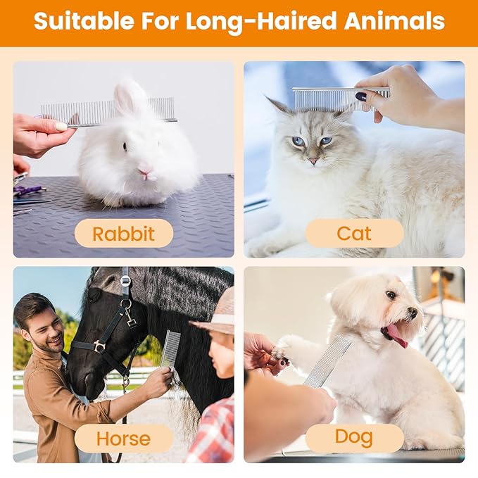 2Pcs Stainless Steel Dog Comb, Round Tooth Cat Comb with 2 Tooth Widths, Metal Combs for Removing Knots and Tangles, Grooming Tool for Long and Short Hair Pets, 7.5 IN Silver-PurrikoPets