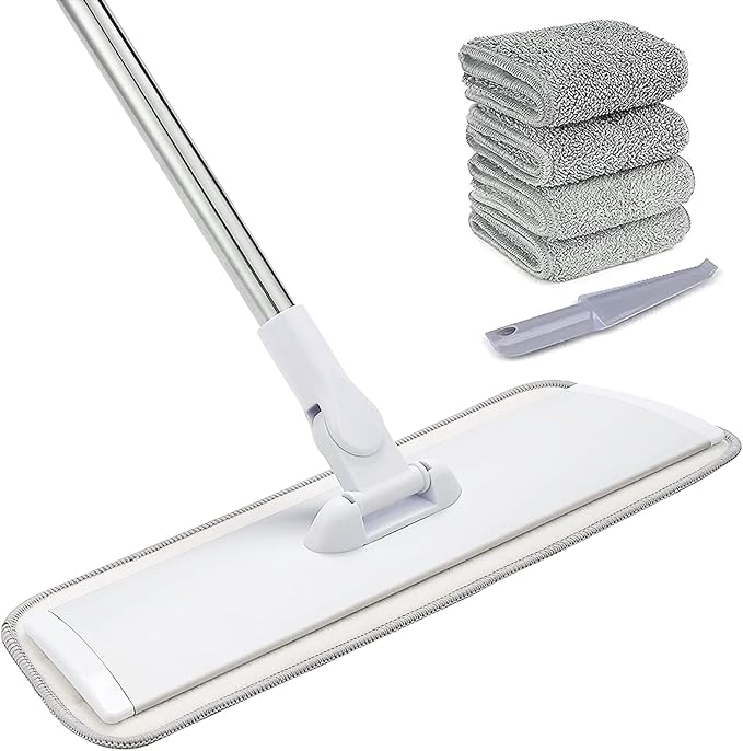 18" Professional Microfiber Mop Floor Cleaning System, Flat Mops with Stainless Steel Handle, 4 Reusable Washable Mop Pads, Wet and Dust Mopping for Hardwood, Vinyl, Laminate (White&Grey)-PurrikoPets