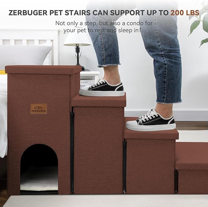 Dog Stairs with Condo 23" H, 4-Step Wider Dog Steps for High Beds Window, Folding Storage Pet Stairs Gift for Small/Medium/Large Old Dogs Cats, Ramp for Climbing Car Hold Up to 200 lbs, Brown-PurrikoPets