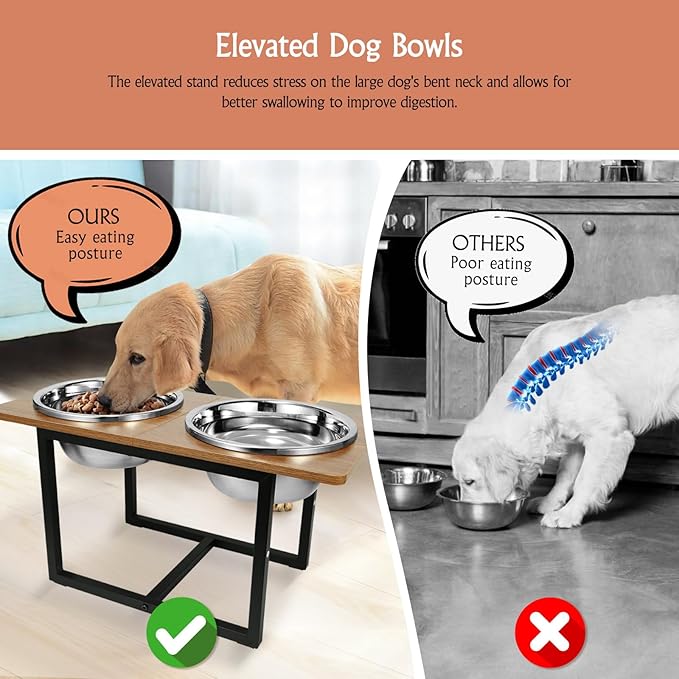 Elevated Dog Bowls for Large Dogs, Raised Dog Bowl Stand with Two X-Large Stainless Steel Bowls for Dogs, 3.5L Capacity, Rustic Walnut-PurrikoPets