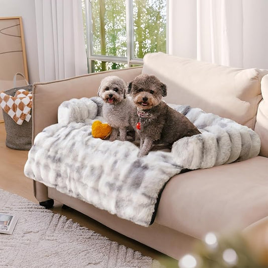 FUNNY FUZZY Pet Fluffy Fuzzy Couch Cover, Calming Washable Dog Bed Sofa Protector Pets Mat for Small Medium Dogs and Cats (Tie-dye Grey,33.45 × 28.35 × 5.51 in)-PurrikoPets