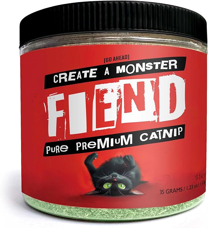 Fiend Catnip Safety-Cut 100% Pure Potent Fine Cat Nip for Cats & Kittens – Ultra Potent, North American – 1 Cup (34.5g) Canister – Go Ahead, Create a Monster!-PurrikoPets