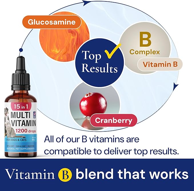 Advanced 15-in-1 Multivitamin for Dogs & Cats - Premium Liquid Supplement with Glucosamine, Vitamin B Complex and Cranberry for Joint, Digestive, Skin, Immune & UTI Support - 2.0 Fl Oz - Made in USA-PurrikoPets