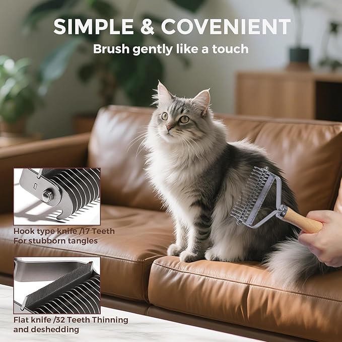 3-in-1 Professional Pet Shedding Dematting Comb - Deshedding Undercoat Rake for Dogs with Stainless Steel Blades Metal Pet Brush with Wood Handle Matted Hair Detangling Thinning and Shedding-PurrikoPets