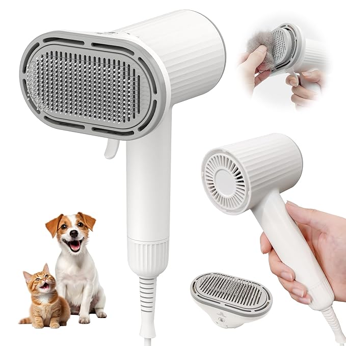Dog Hair Dryer, Professional 2-in-1 Pet Hair Dryer & Grooming Brush with Removable Comb, Adjustable Temperature/Speed, Portable Dryer for Dogs and Cats-PurrikoPets