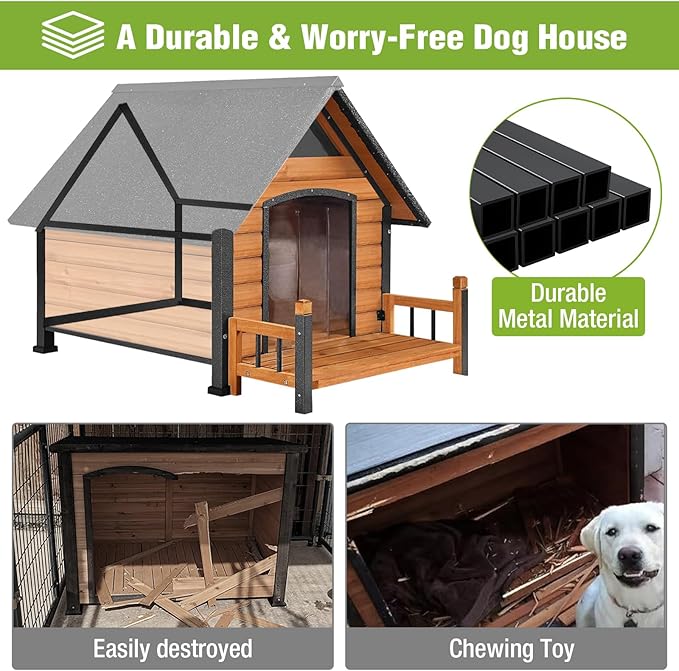 Dog House Outdoor Insulated, Sturdy & Warm Winter Puppy Shelter, 45" L Large Dog Kennel with Chew-Proof Iron Frame, Suitable for Small to Large Dogs(Brown)-PurrikoPets