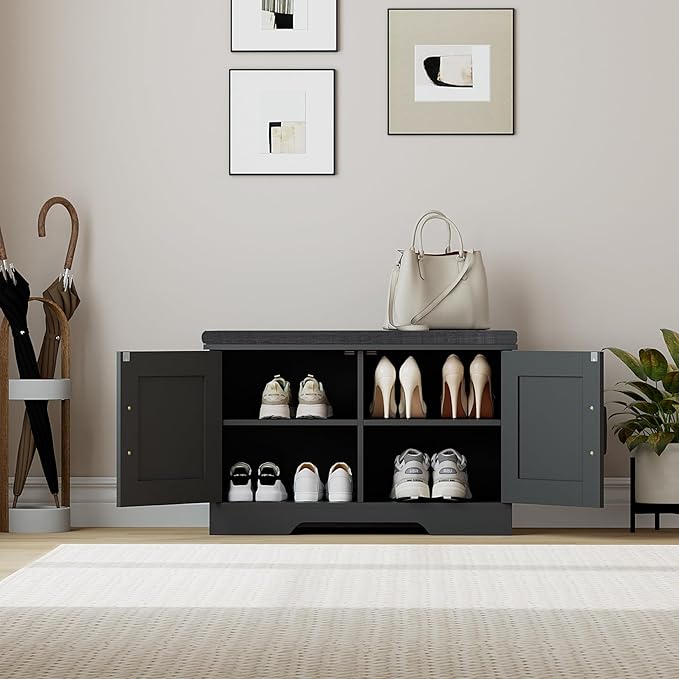 2-Tier Storage Bench, Shoe Bench with Padded Seat Cushion, Entryway Bench with 2 Barn Doors, Adjustable Shelf, 13.8" D x 27.6" W x 17.7" H, for Entryway, Living Room, Bedroom, Black-PurrikoPets