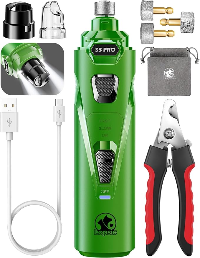 Dog Nail Grinder with 2 LED Lights Powerful 2 Speeds Super Quiet Dog Nail Trimmers with 3 Grinding Wheels Rechargeable Pet Dog Nail Clippers for Large Medium Puppy Dogs Dog Nail File Cat Nail Clipper-PurrikoPets