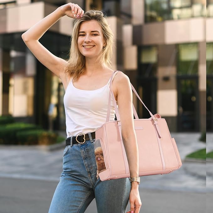 Fashion Dog Purse Pet Carrier Leather Bag for Small Dogs Cats Puppy, Portable Tote Bag Airline Approved Soft-Sided Carriers (Pink)-PurrikoPets