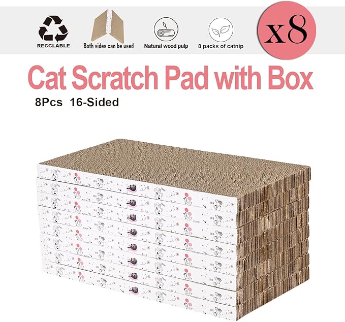 8 Packs in 1 Cat Scratch Pad, Cat Scratcher Cardboard,Reversible,Durable Recyclable Cardboard, Premium Scratch, Suitable for Cats to Rest, Grind Claws and Play-PurrikoPets