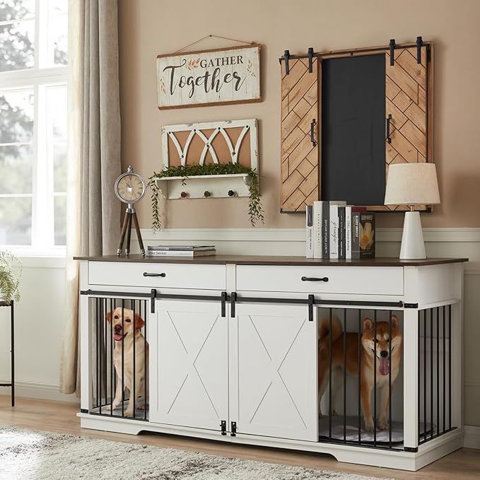 EDYO LIVING 72.5" Large Dog Crate Furniture for 2 Dogs, Wooden Dog Kennel with Drawers, Divider, Sliding Barn Door, Water Resistant Indoor Furniture Style Double Dog Crates, White-PurrikoPets
