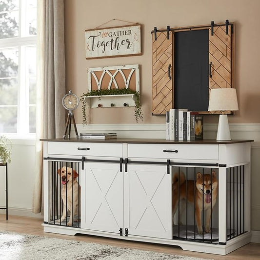 EDYO LIVING 72.5" Large Dog Crate Furniture for 2 Dogs, Wooden Dog Kennel with Drawers, Divider, Sliding Barn Door, Water Resistant Indoor Furniture Style Double Dog Crates, White-PurrikoPets