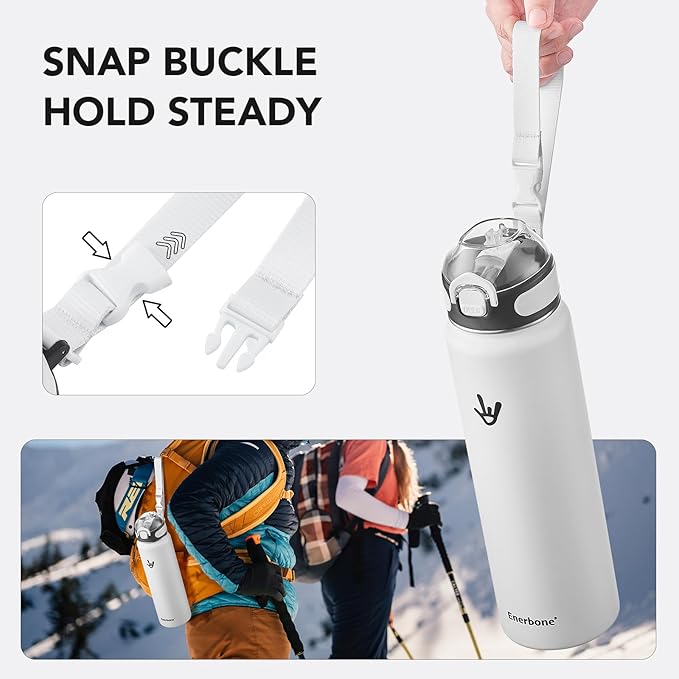 Enerbone 32 oz Insulated Water Bottle, Stainless Steel Bottle with Carrying Strap, Double-Wall Vacuum Insulation Design, Leakproof Sports Bottle with Straw, Keep Drinks Cold or Hot for Hours-PurrikoPets