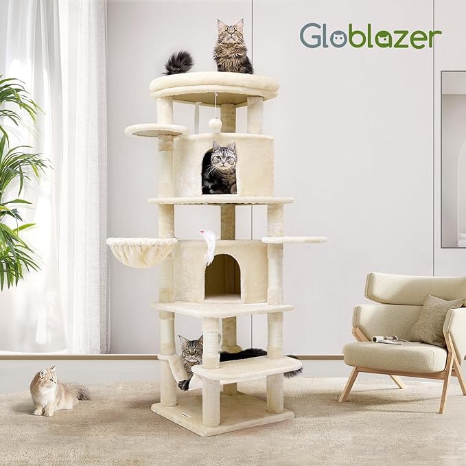 Globlazer Corner Cat Tree for Large Cats, 66inch Tall Curved Series Large Cat Tower for Multiple Indoor Cats with 6 Scratching Posts, 2 Spacious Cat Condos, Hammock, Hanging Basket, C66, Beige-PurrikoPets