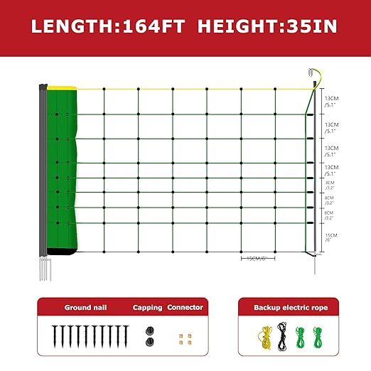 Electric Fence Netting, 164'L x 35.4" H Electric Fence Kit for Livestock, Goat, Dog, Hogs, Double Spiked Portable Electric Poultry Farm Fence, Electric Mesh Fence-PurrikoPets