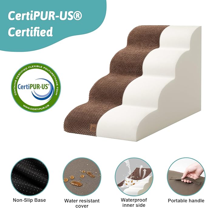 Dog Stairs for Small Dogs 19.7" H, Curved Dog Step for Puppy, Older or Cat, Medium Pet Ramp for Sofa, Couch or Bed, Ladder with High Density Foam, 15.7x28.3x19.7 inch, 4 Step, Brown-PurrikoPets