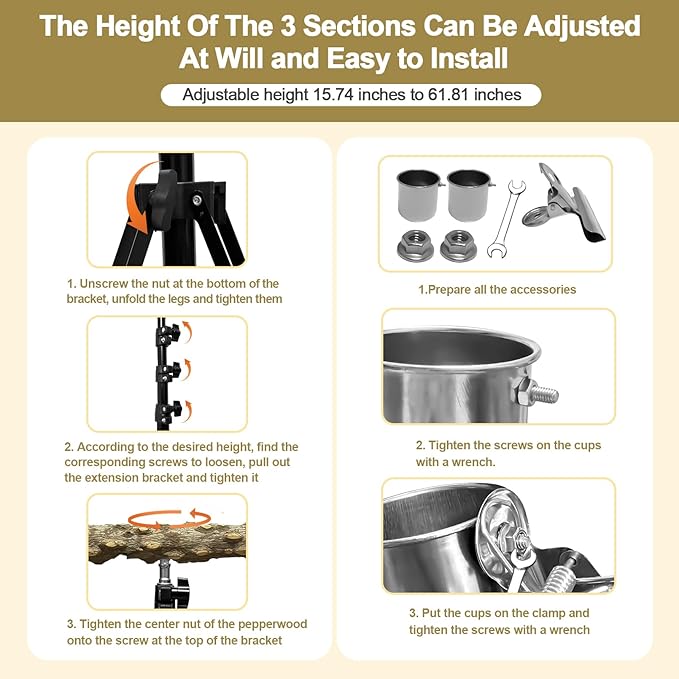 16-63 Inch Height Adjustable Bird Perch Pepper Wood Parrot Training Perch Stand with Feeding Cups and Swing Toy Parakeet Perches Indoor and Outdoor Parrot Stands for Small to Medium Bird-PurrikoPets