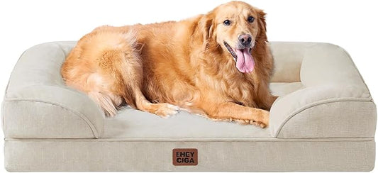 EHEYCIGA Orthopedic Dog Beds for Extra Large Dogs, Waterproof Memory Foam XL Pet Bed with Sides, Non-Slip Bottom and Egg-Crate Foam Big Dog Couch Bed with Washable Removable Cover, Beige-PurrikoPets