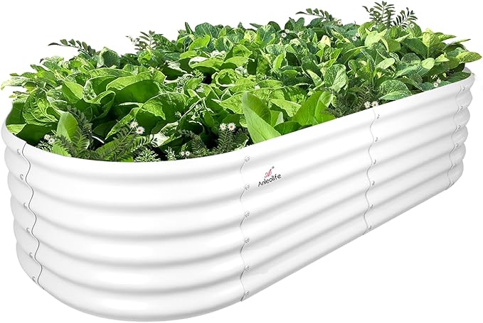A ANLEOLIFE 6X2X1.5 ft Galvanized Raised Garden Beds Outdoor, Oval Round Metal Planter Box for Planting Vegetables Flowers Herb, Anti-Rust & Easy-Setup, Antique White-PurrikoPets