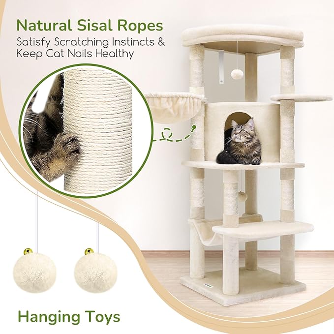 Globlazer Corner Cat Tree, 51in Curved Series Modern Cat Tower for Indoor Cats with Hammock, 7 Sisal Scratching Posts, Large Fan-Shaped Platform for Large Cats, Cat Condo & Hanging Basket, C51, Beige-PurrikoPets