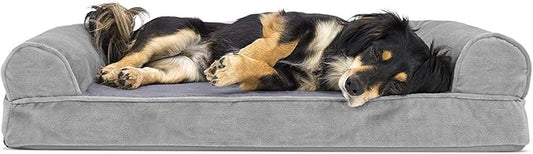 Furhaven Orthopedic Dog Bed for Medium/Small Dogs w/ Removable Bolsters & Washable Cover, For Dogs Up to 35 lbs - Faux Fur & Velvet Sofa - Smoke Gray, Medium-PurrikoPets