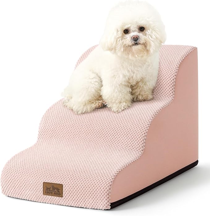 Dog Stairs for Small Dogs 15.7" H, Curved Dog Step for Puppy, Older Cat, Medium Pet Ramp for Sofa, Couch or Bed, Ladder with High Density Foam, 15.7x22.4x15.7 inch, 3 Step, Pink-PurrikoPets