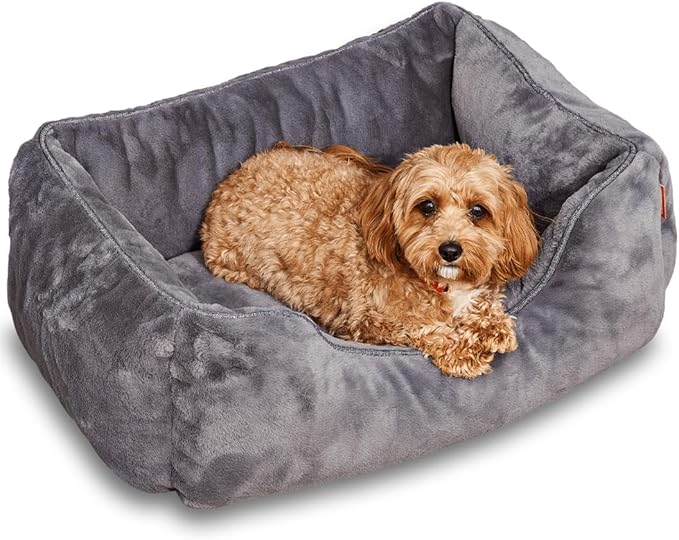 FUZI Luxury Aesthetic Dog Bed for Small Dogs with Washable Cover, Pet Couch, Pet Bed with Sides, Non-Slip Bottom, Soft & Durable Calming Dog Bed, Faux Rabbit Fur Cover, Small 25.1x16.75x9.5 Dark Grey-PurrikoPets
