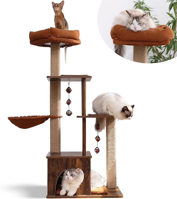 FUKUMARU Cat Tree, 4 in 1 Large Modern Cats Tower with Jute Scratching Post and Hammock, Wood Cat Condo with silvervine Balls, Brown Cat Climber Stand Playhouse for Indoor Cats, Retro Style-PurrikoPets