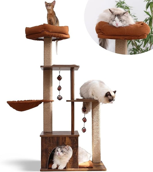 FUKUMARU Cat Tree, 4 in 1 Large Modern Cats Tower with Jute Scratching Post and Hammock, Wood Cat Condo with silvervine Balls, Brown Cat Climber Stand Playhouse for Indoor Cats, Retro Style-PurrikoPets