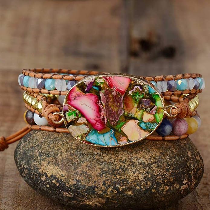 ZOSOJONA Women Wrap Bracelet Boho Natural Jasper Crystal Stone Beads Strand Bracelets