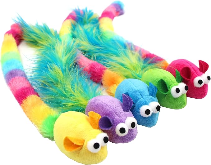 5 Pack Interactive Catnip and Feather Cat Toys, Multi-Colored Mice with Long Feather Tail, Accessories for Indoor Cat, Catnip Plush Toys with Natural Feathers and Rattles-PurrikoPets