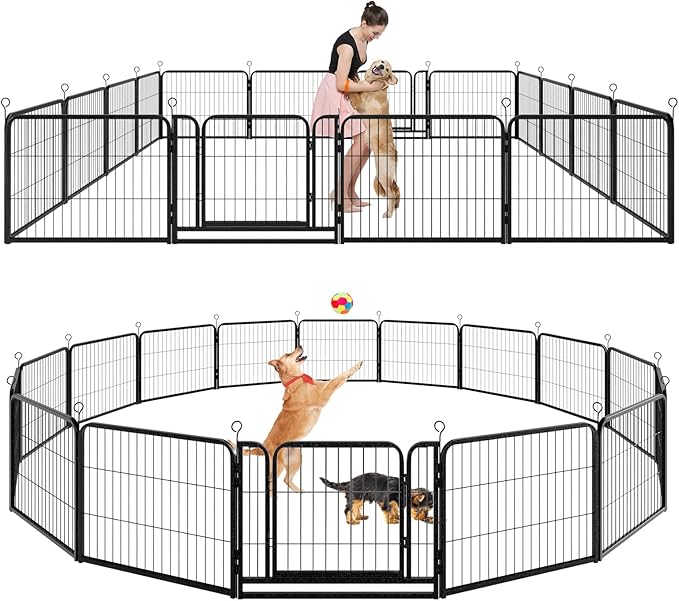 Dog Playpen Outdoor Extra Wide 16 Piece Panels Heavy Duty Dog Fence 24" Height Anti-Rust with Doors Portable for RV Camping Yard, Total 29FT, 68 Sq.ft, Snowy Black-PurrikoPets